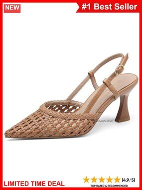 Woven Slingback Kitten Heel Pumps Pointed Toe Dress Shoes Adjustable Strap